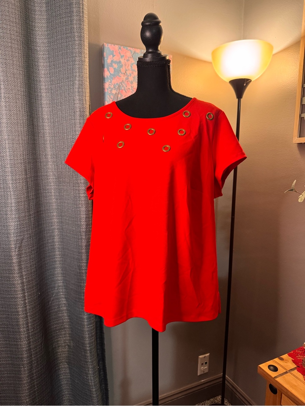 Cato Red Short-Sleeve Top with Gold Grommet Accents